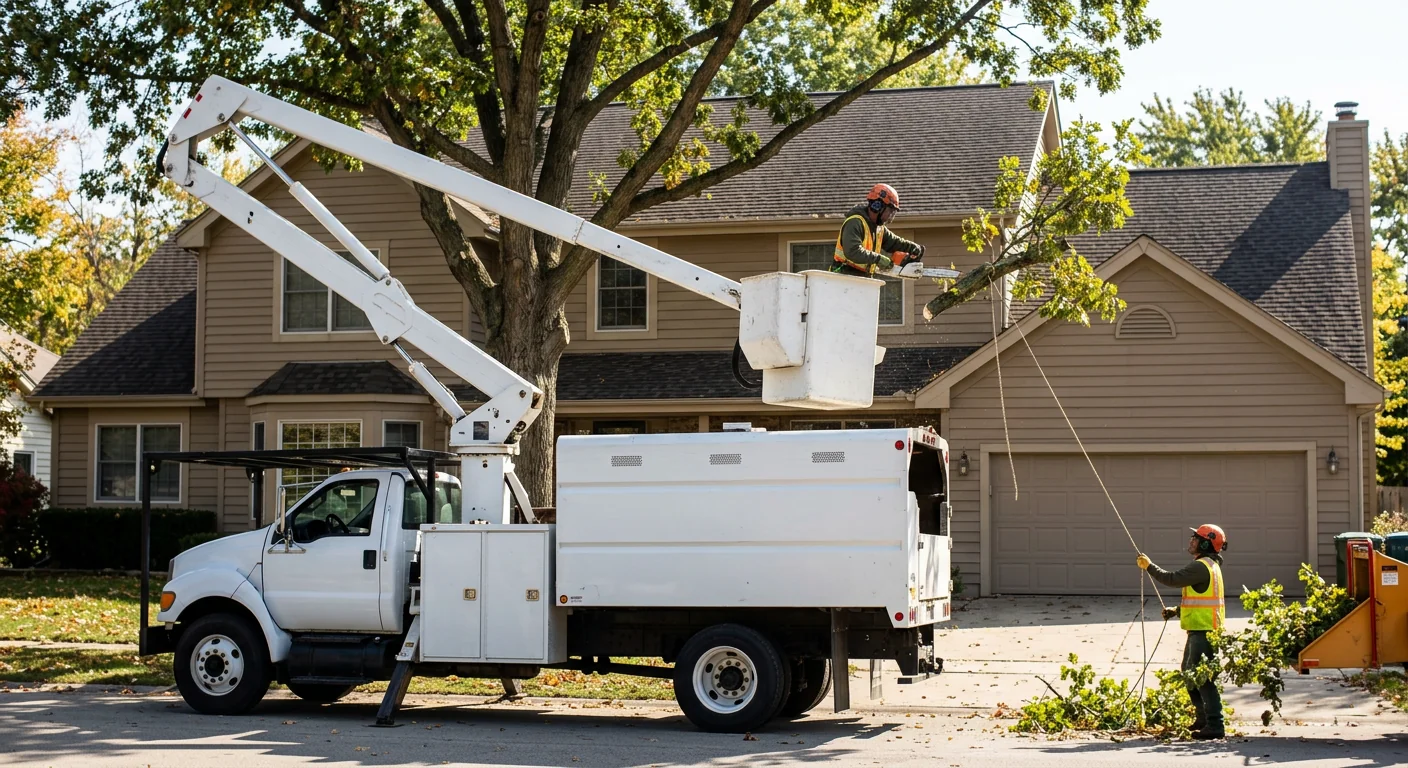 Bucket truck raising canopy limbs off a residential rooftop on a bright afternoon