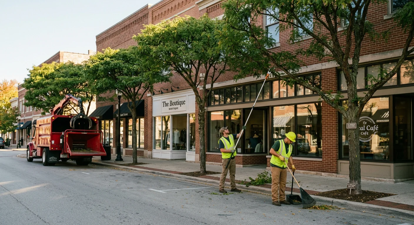 Wide finished result of neatly trimmed street trees along a tidy commercial frontage
